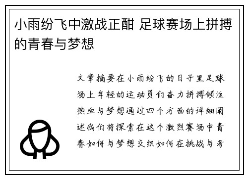 小雨纷飞中激战正酣 足球赛场上拼搏的青春与梦想