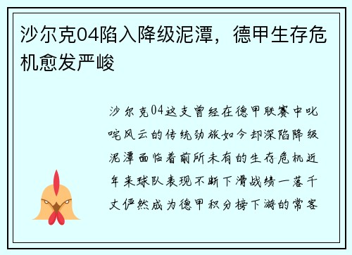 沙尔克04陷入降级泥潭，德甲生存危机愈发严峻