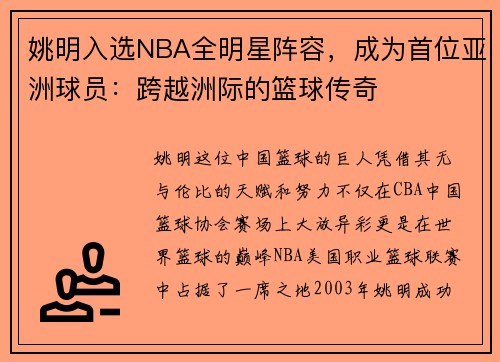 姚明入选NBA全明星阵容，成为首位亚洲球员：跨越洲际的篮球传奇