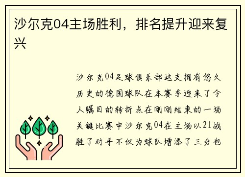 沙尔克04主场胜利，排名提升迎来复兴