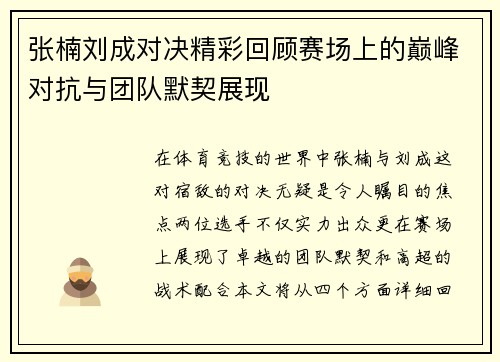 张楠刘成对决精彩回顾赛场上的巅峰对抗与团队默契展现