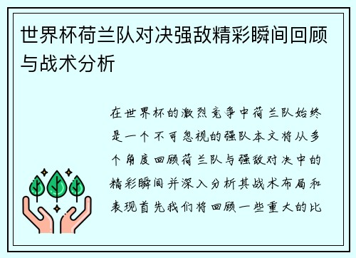 世界杯荷兰队对决强敌精彩瞬间回顾与战术分析