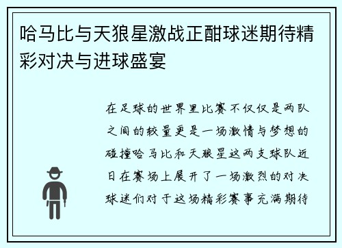 哈马比与天狼星激战正酣球迷期待精彩对决与进球盛宴