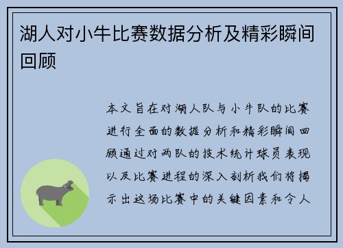 湖人对小牛比赛数据分析及精彩瞬间回顾