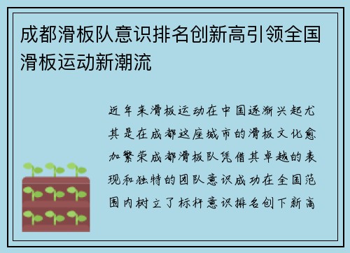 成都滑板队意识排名创新高引领全国滑板运动新潮流