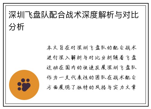 深圳飞盘队配合战术深度解析与对比分析
